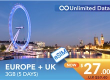 EUROPE + UK 5 DAYS E-SIM UNLIMITED DATA 3GB HIGH SPEED
